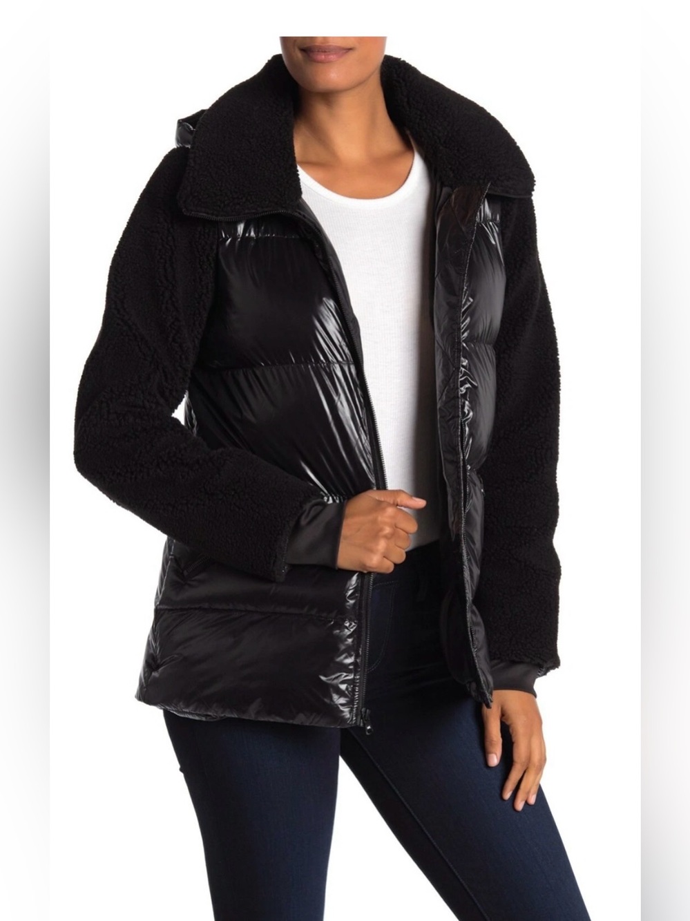 Michael Kors Sherpa-Sleeve Hooded Quilted Mixed Media Jacket Puffer Coat XS